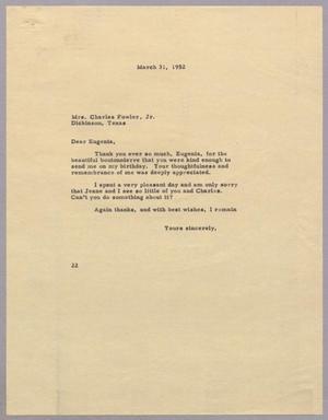 [Letter from Daniel W. Kempner to Eugenia Fowler, March 31, 1952]