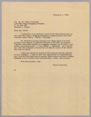 [Letter from D. W. Kempner to Mose M. Feld, February 1, 1952]