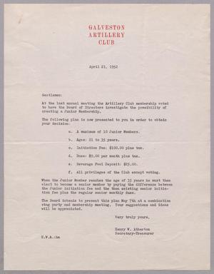 [Letter from the Galveston Artillery Club, April 21, 1952]