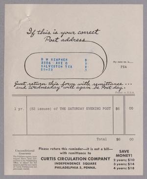 [Invoice from Curtis Circulation Company to D. W. Kempner]