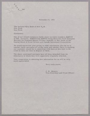 [Letter from J. E. Meyers to The National City bank of New York, November 9, 1951]