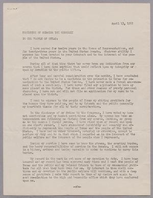 [Statement of Senator Tom Connally to the People of Texas, April 13, 1952, Copy]