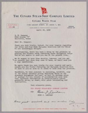 [Letter from The Cunard Steam-Ship Company to Daniel W. Kempner, April 12, 1952]