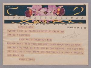 Primary view of object titled '[Telegram from Charlotte Chancellor to Daniel W. Kempner, March 27, 1952]'.