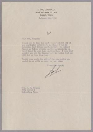 [Letter from A. Earl Cullum, Jr. to Mrs. Daniel W. Kempner, February 20, 1952]