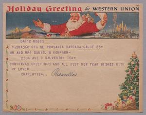 Primary view of object titled '[Telegram from Charlotte Chancellor to D. W. and Jeane Kempner, December 23, 1952]'.