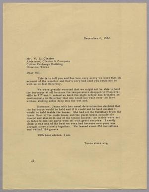 [Letter from Daniel W. Kempner to W. L. Clayton, December 2, 1952]