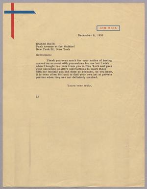 [Letter from Daniel W. Kempner to Dobbs Hats, December 8, 1952]