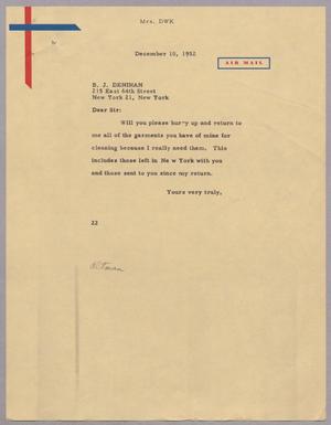 [Letter from Mrs. Daniel W. Kempner to B. J. Denihan, December 10, 1952]