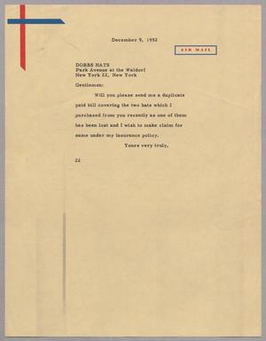 [Letter from Daniel W. Kempner to Dobbs hats, December 9, 1952]