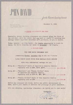 [Letter from John David, Inc., December 5, 1952]