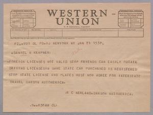 [Telegram from Dawson Auto to Daniel W. Kempner, January 21, 1952]