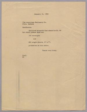 Primary view of object titled '[Letter from Daniel W. Kempner to The American Stationery Co., January 16, 1952]'.