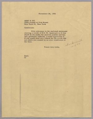 [Letter from Daniel W. Kempner to Best & Co., November 24, 1952]