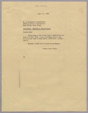 [Letter from Jeane B. Kempner to B. Altman & Company, June 10, 1952]