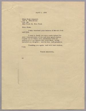 [Letter from Daniel W. Kempner to Rosa Anspach, April 1, 1952]