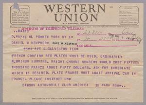[Telegram from the Dawson Automobile Club of America to D. W. Kempner, August 1, 1952]