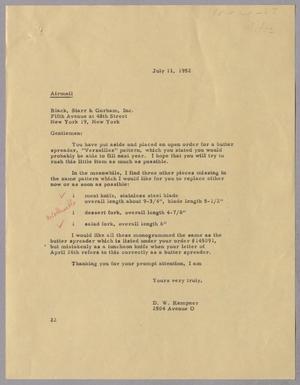 [Letter from Daniel W. Kempner to Black, Starr & Gorham, Inc., July 11, 1952]