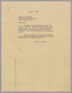 [Letter from Daniel W. Kempner to Best & Co., April 5, 1952]