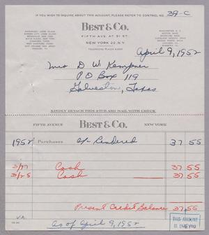 [Invoice for Balance Due to Best & Co., April 1952]
