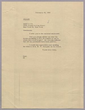 [Letter from Daniel W. Kempner to Best & Co., February 19, 1952]
