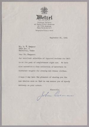 [Letter from John Ossman to Daniel W. Kempner, September 21, 1951]