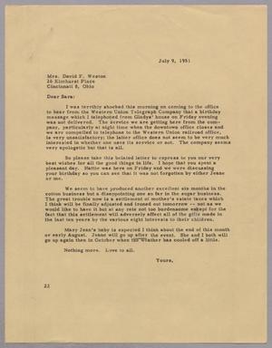 [Letter from Daniel W. Kempner to Mrs. David F. Weston, July 9, 1951]
