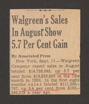 [Clipping: Walgreen's Sales In August Show 5.7 Per Cent Gain]