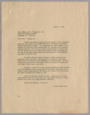 [Letter from D. W. Kempner to Charles R. Walgreen, Jr., June 8, 1951]