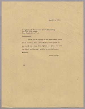 [Letter from Daniel W. Kempner to Wright Arch Preserver Men's Shoe Shop, April 24, 1951]