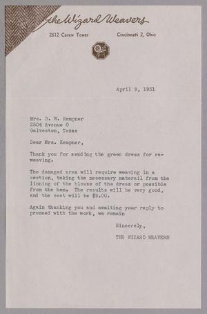 Primary view of object titled '[Letter from The Wizard Weavers to Mrs. Daniel W. Kempner, April 9, 1951]'.