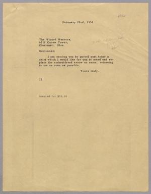 Primary view of object titled '[Letter from Daniel W. Kempner to the Wizard Weaver, February 23, 1951]'.