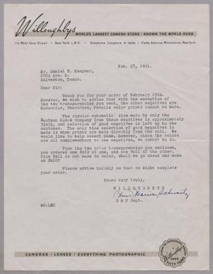 [Letter from Willoughby's to D. W. Kempner, February 27, 1951]