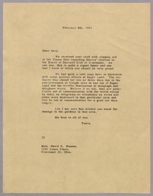 [Letter from Daniel W. Kemper to Mrs. David F. Weston, February 6, 1951]