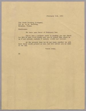 Primary view of object titled '[Letter from Daniel W. Kempner to The Webb Printing Company, February 3, 1951]'.