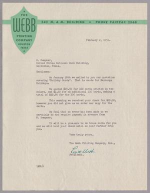 [Letter from The Webb Printing Company to the H. Kempner Firm, February 2, 1951]