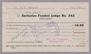 [Invoice for Balance Due to Zacharias Frankel Lodge, February 1951]
