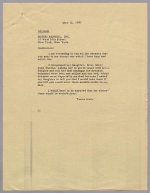[Letter from Daniel W. Kempner to Henri Bendel Inc., May 12, 1952]