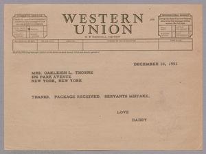 [Telegram from D. W. Kempner to Mary Jean Thorne, December 10, 1951]