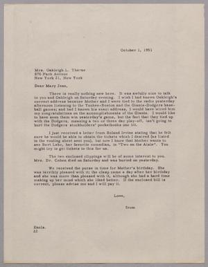 [Letter from D. W. Kempner to Mary Jean Thorne, October 1, 1951]