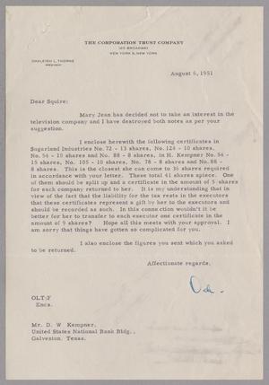 [Letter from Oakleigh L. Thorne to Daniel W. Kempner, August 6, 1951]