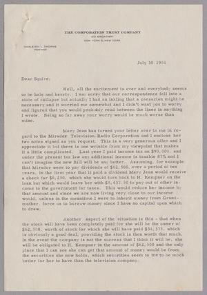 [Letter from Oakleigh L. Thorne to Daniel W. Kempner, July 30, 1951]