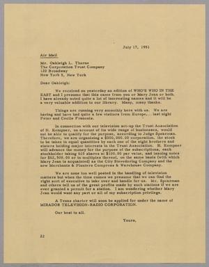 [Letter from Daniel W. Kempner to Oakleigh L. Thorne, July 17, 1951]