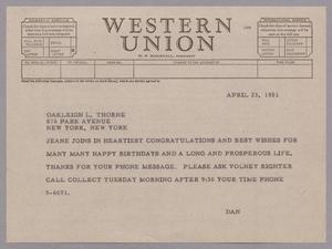 [Telegram from D. W. Kempner to Oakleigh L. Thorne, April 23, 1951]
