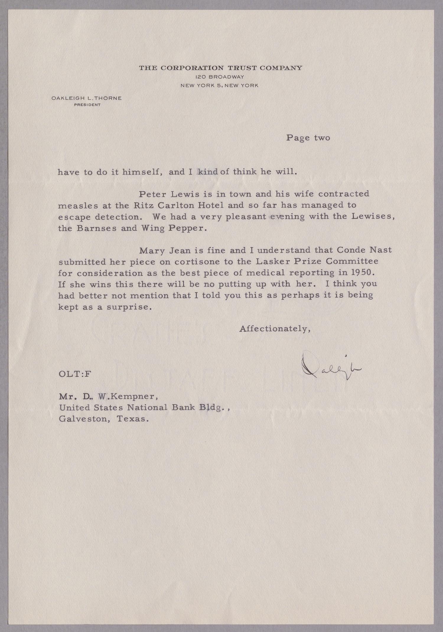 [Letter from Oakleigh L. Thorne to Daniel W. Kempner, February 15, 1951]
                                                
                                                    [Sequence #]: 3 of 4
                                                