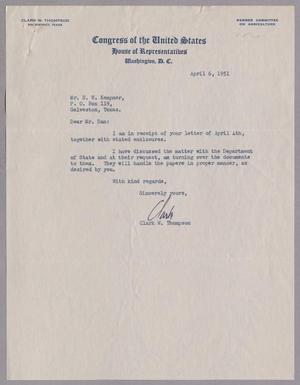 [Letter from Clark W. Thompson to Mr. D. W. Kempner, April 6, 1951]
