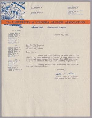 Primary view of object titled '[Letter from the University of Virginia Alumni Association to Daniel W. Kempner, August 15, 1951]'.