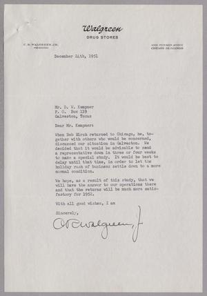 Primary view of object titled '[Letter from C. R. Walgreen, Jr. to Daniel W. Kempner, December 24, 1951]'.
