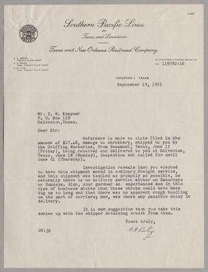 [Letter from A. A. Prats to Daniel W. Kempner, September 19, 1951]