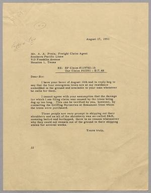 Primary view of object titled '[Letter from Daniel W. Kempner to A. A. Prats, August 17, 1951]'.